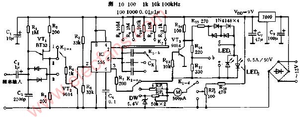 电容、频率、晶体管在线检测器电路图