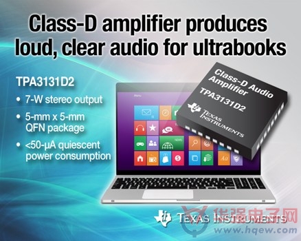 TI D 类立体声放大器为超极本及蓝牙扬声器实现 3 倍功率输出