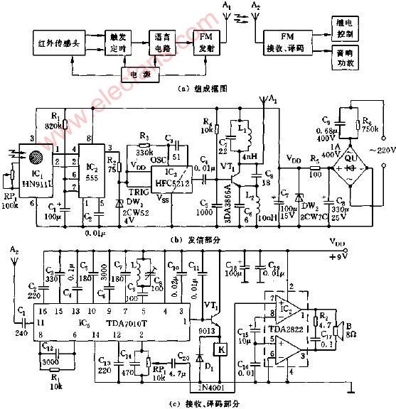 热释电红外无线遥控语音报讯装置电路图