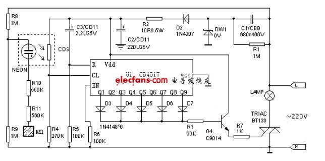 使用氖灯的单键触摸开关电路图