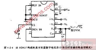 由AD637构成的真有效值数字电压表电路图(S闭合时呈微功耗